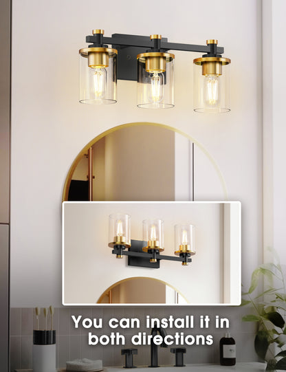 20 in. 3-Light Black and Gold Bathroom Vanity Light with Clear Glass Shades for Mirror and Vanity