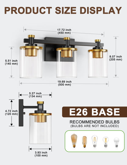 20 in. 3-Light Black and Gold Bathroom Vanity Light with Clear Glass Shades for Mirror and Vanity