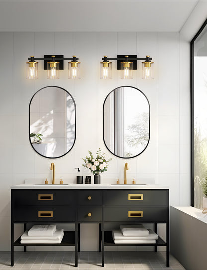 20 in. 3-Light Black and Gold Bathroom Vanity Light with Clear Glass Shades for Mirror and Vanity