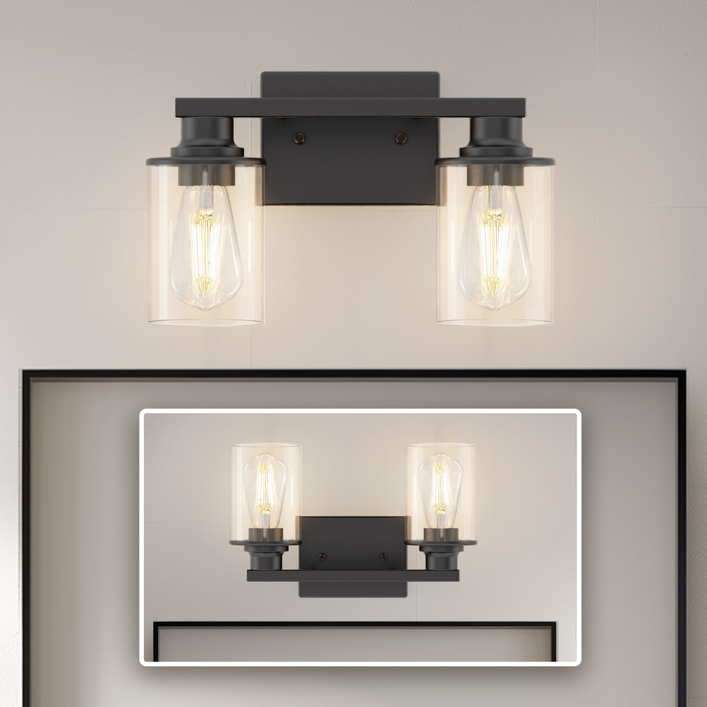 YANSUN 14.17 in. 2-Light Vintage Matte Black Vanity Light with Cylindrical Glass Shades, E26 Base Bathroom Fixture