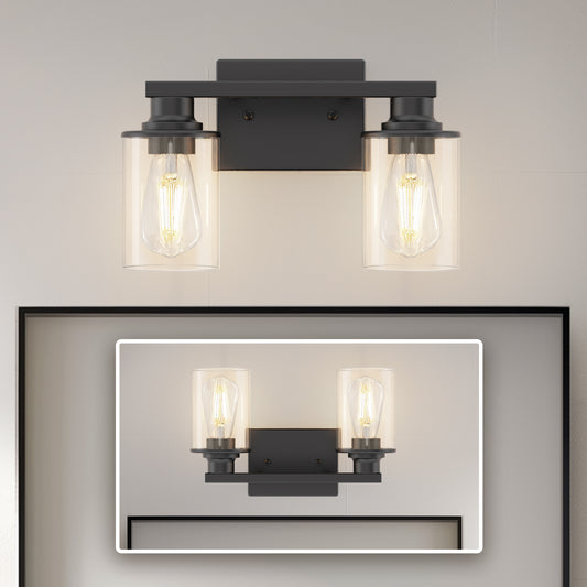 YANSUN 14.17 in. 2-Light Vintage Matte Black Vanity Light with Cylindrical Glass Shades, E26 Base Bathroom Fixture