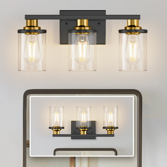 YANSUN 20 in. 3-Light Black and Gold Vanity Light with Clear Glass Shades for Bathroom or Bedroom Mirror