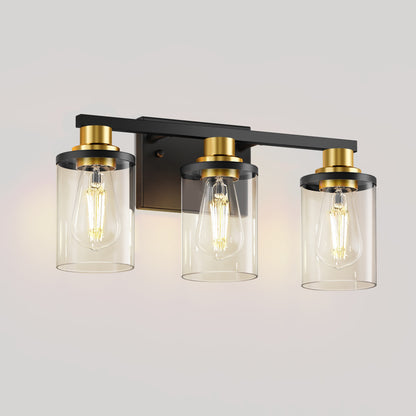 YANSUN 20 in. 3-Light Black and Gold Vanity Light with Clear Glass Shades for Bathroom or Bedroom Mirror
