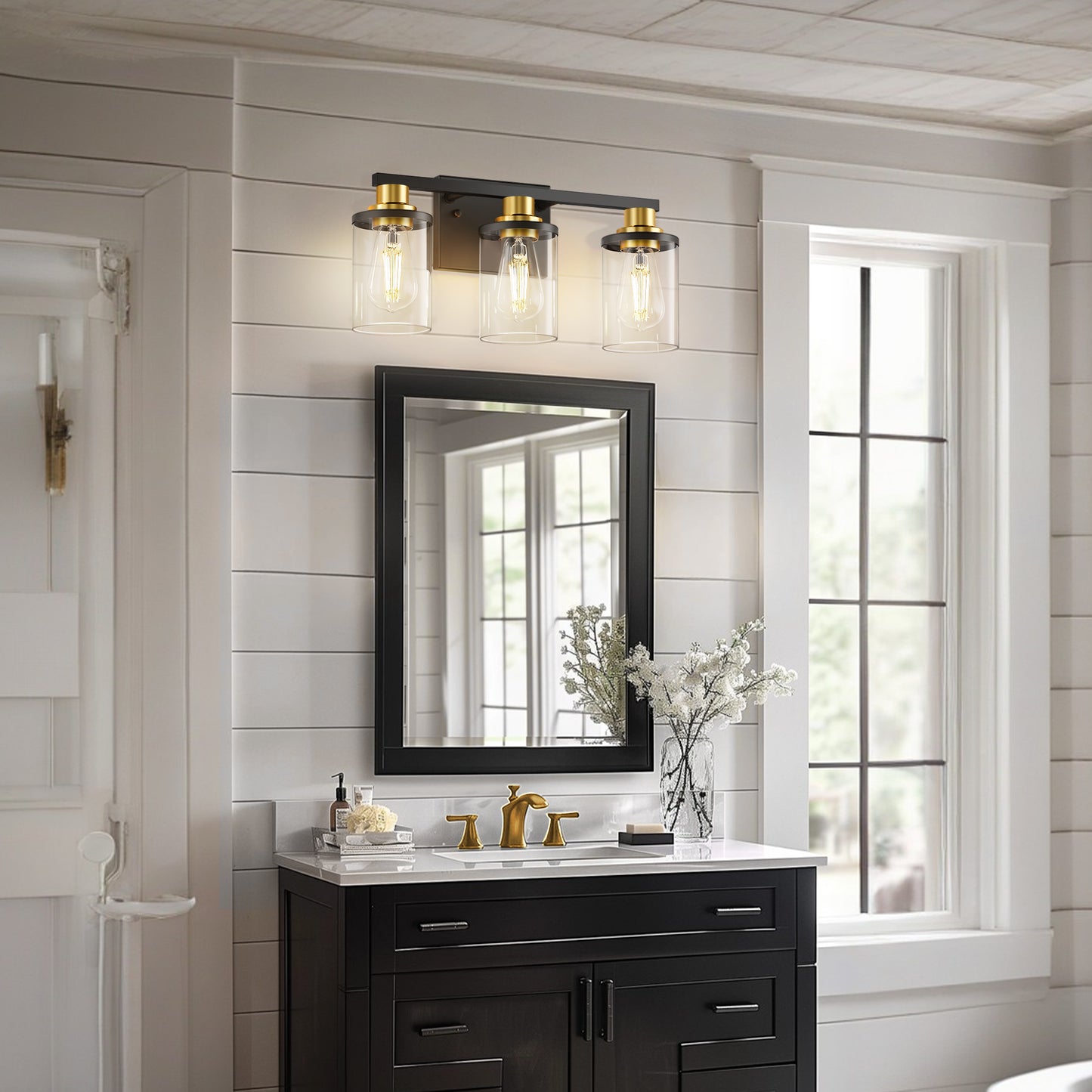 YANSUN 20 in. 3-Light Black and Gold Vanity Light with Clear Glass Shades for Bathroom or Bedroom Mirror