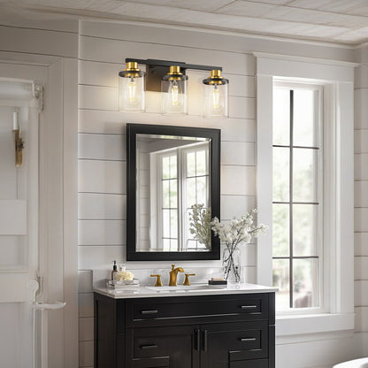 YANSUN 20 in. 3-Light Black and Gold Vanity Light with Clear Glass Shades for Bathroom or Bedroom Mirror