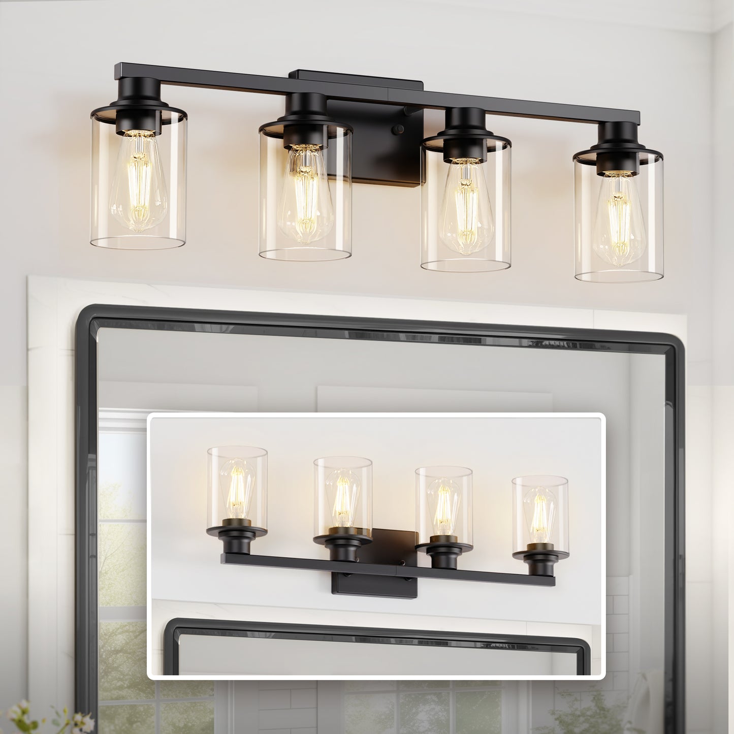 YANSUN 27 in. 4-Light Black Metal Cylinder Vanity Light with Dimmable Perfect for Vanity Powder Room Dressing Room