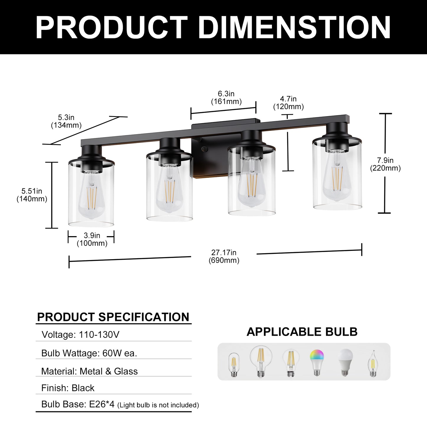 YANSUN 27 in. 4-Light Black Metal Cylinder Vanity Light with Dimmable Perfect for Vanity Powder Room Dressing Room