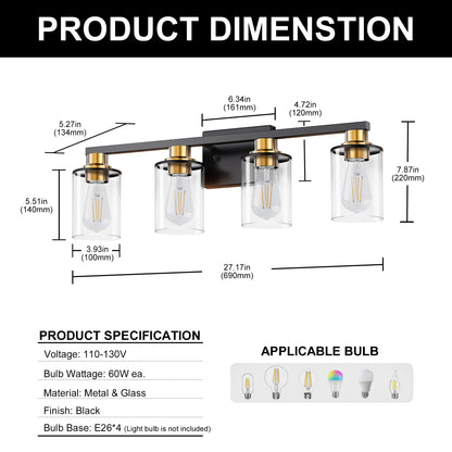 27 in. 4 Light Bathroom Vanity Light, Modern Black and Gold Bathroom Lights Fixtures Over Mirror with Clear Glass Shade