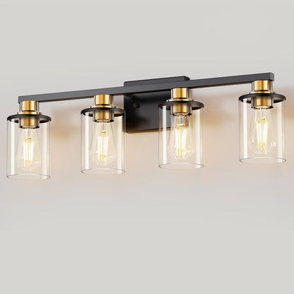 27 in. 4 Light Bathroom Vanity Light, Modern Black and Gold Bathroom Lights Fixtures Over Mirror with Clear Glass Shade