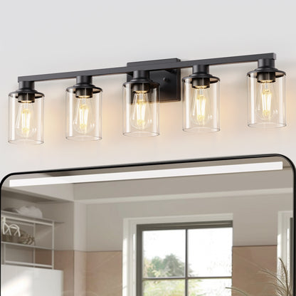 YANSUN 33 in. 5-Light Black Metal Vanity Light with Clear Glass Shade and No Bulbs Included