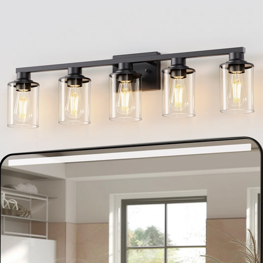 YANSUN 33 in. 5-Light Black Metal Vanity Light with Clear Glass Shade and No Bulbs Included