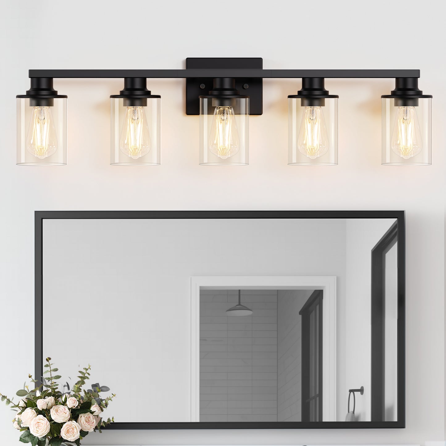 YANSUN 33 in. 5-Light Black Metal Vanity Light with Clear Glass Shade and No Bulbs Included