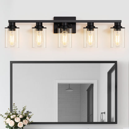 YANSUN 33 in. 5-Light Black Metal Vanity Light with Clear Glass Shade and No Bulbs Included