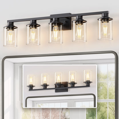 YANSUN 33 in. 5-Light Black Metal Vanity Light with Clear Glass Shade and No Bulbs Included