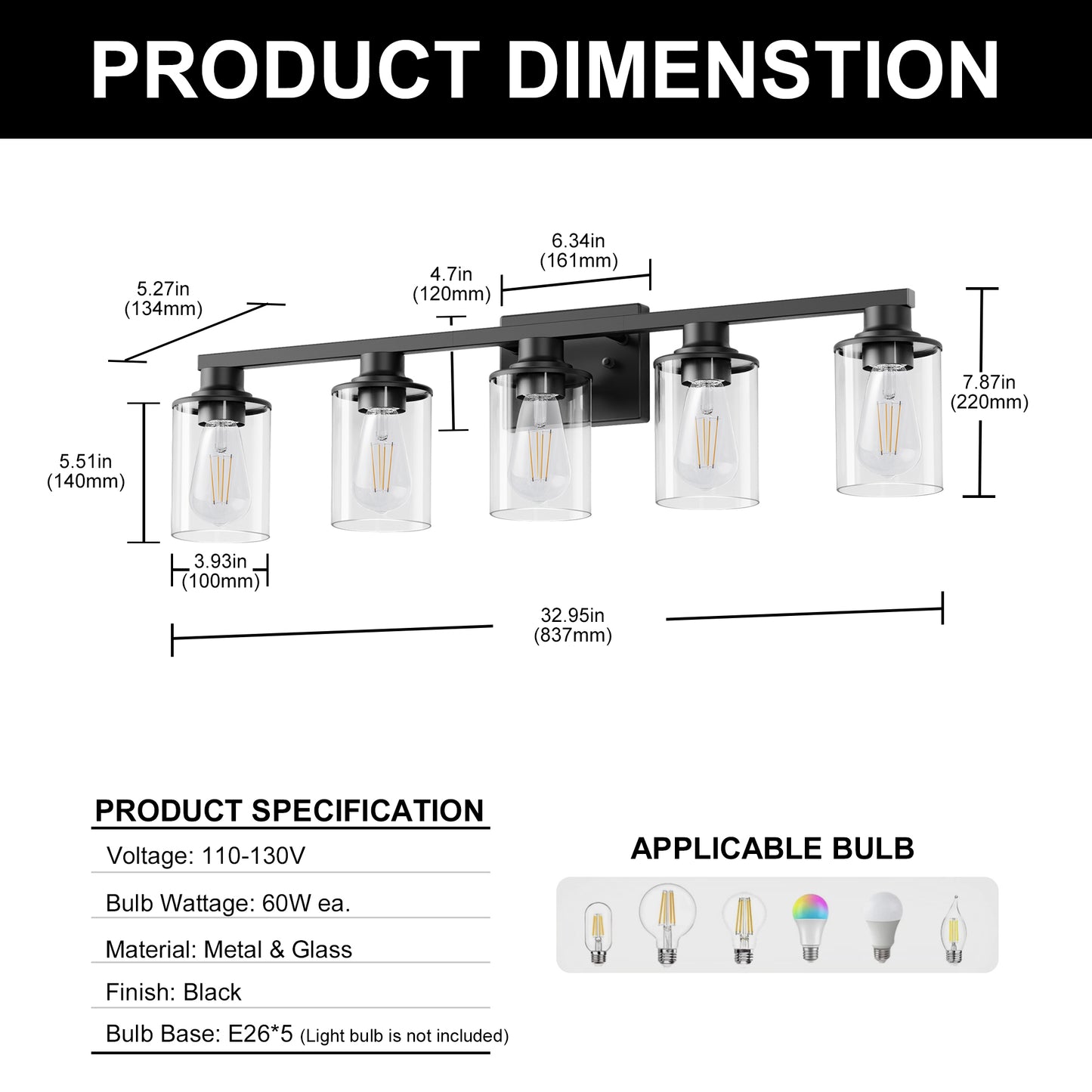 YANSUN 33 in. 5-Light Black Metal Vanity Light with Clear Glass Shade and No Bulbs Included