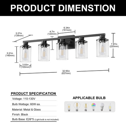 YANSUN 33 in. 5-Light Black Metal Vanity Light with Clear Glass Shade and No Bulbs Included
