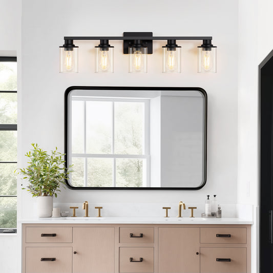 YANSUN 33 in. 5-Light Black Metal Vanity Light with Clear Glass Shade and No Bulbs Included