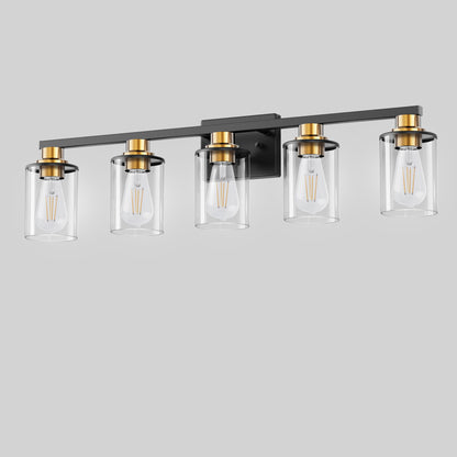 33 in. 5 Light Bathroom Vanity Light,Black and Gold Light with Clear Glass Shade, Black Wall Sconce for Bathroom,Bedroom