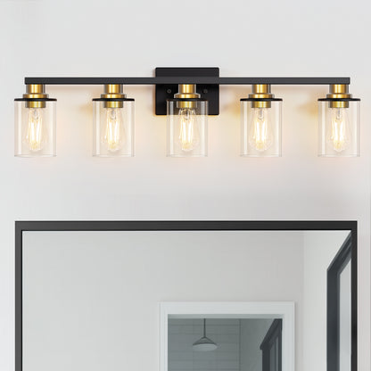 33 in. 5 Light Bathroom Vanity Light,Black and Gold Light with Clear Glass Shade, Black Wall Sconce for Bathroom,Bedroom