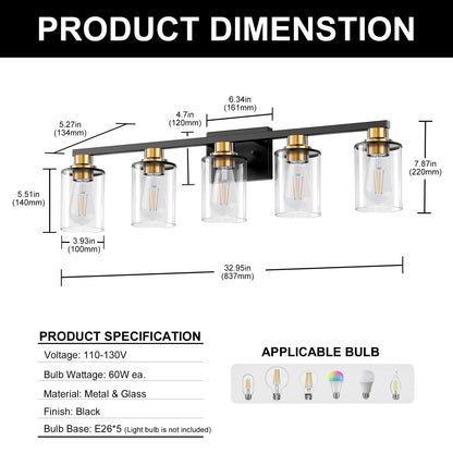 33 in. 5 Light Bathroom Vanity Light,Black and Gold Light with Clear Glass Shade, Black Wall Sconce for Bathroom,Bedroom