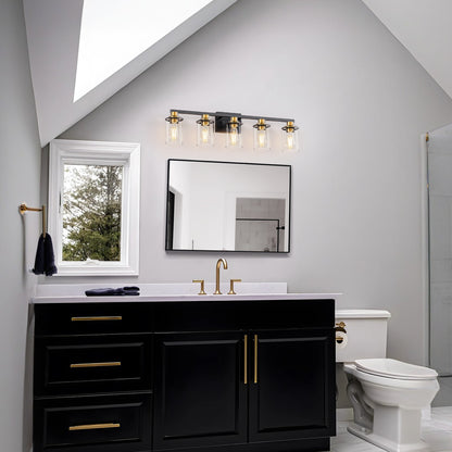 33 in. 5 Light Bathroom Vanity Light,Black and Gold Light with Clear Glass Shade, Black Wall Sconce for Bathroom,Bedroom