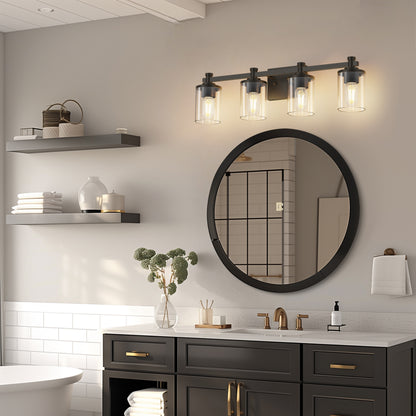 28 in. 4 Light Matte Black Industrial Modern Cylinder Vanity Light for Bathroom with Clear Glass Shades