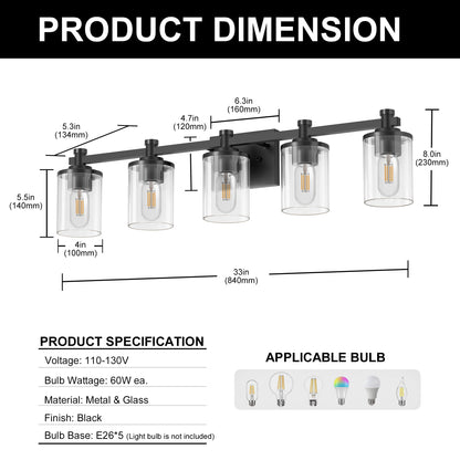 33 in. 5-Light Black Bathroom Vanity Light with Clear Glass Shades for Bathroom, Bedroom, or Hallway