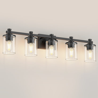 33 in. 5-Light Black Bathroom Vanity Light with Clear Glass Shades for Bathroom, Bedroom, or Hallway