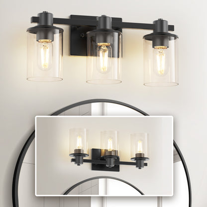 20 in. 3 Light Bathroom Vanity Light, Matte Black Fixtures with Clear Glass Shade, Modern Bathroom Lights Over Mirror