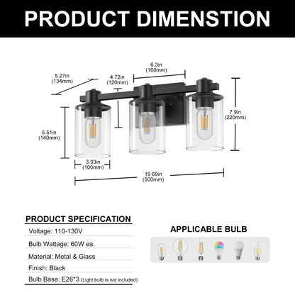 20 in. 3 Light Bathroom Vanity Light, Matte Black Fixtures with Clear Glass Shade, Modern Bathroom Lights Over Mirror