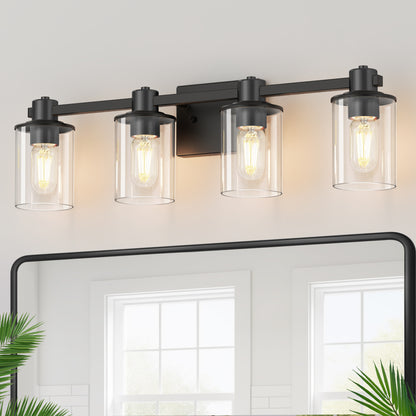 22 in. 4 Light Bathroom Vanity Light, Matte Black Fixtures with Clear Glass Shade, Modern Bathroom Lights Over Mirror