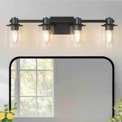 22 in. 4 Light Bathroom Vanity Light, Matte Black Fixtures with Clear Glass Shade, Modern Bathroom Lights Over Mirror