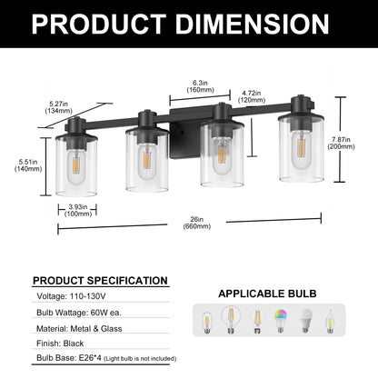 22 in. 4 Light Bathroom Vanity Light, Matte Black Fixtures with Clear Glass Shade, Modern Bathroom Lights Over Mirror