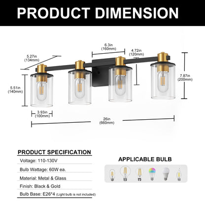 26 in. 4-Light Black Gold Bathroom Vanity Light Fixture, Clear Glass Shade Wall Sconce for Bathroom, Mirror, or Hallway