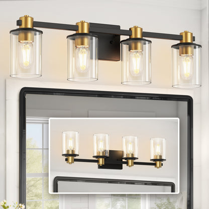 26 in. 4-Light Black Gold Bathroom Vanity Light Fixture, Clear Glass Shade Wall Sconce for Bathroom, Mirror, or Hallway