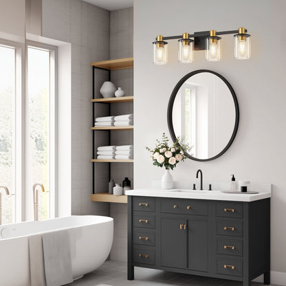 26 in. 4-Light Black Gold Bathroom Vanity Light Fixture, Clear Glass Shade Wall Sconce for Bathroom, Mirror, or Hallway