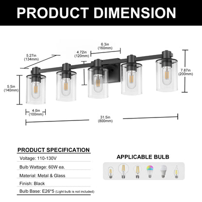 32 in. 5-Light Black Bathroom Vanity Light Fixture with Clear Glass Shades,Vanity Lights for Mirror, Hallway or Bathroom