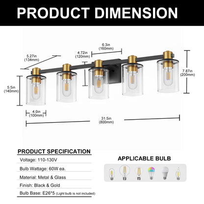 32 in. 5-Light Black Gold Bathroom Vanity Light Fixture, Clear Glass Shade Wall Sconce for Bathroom, Mirror, or Hallway