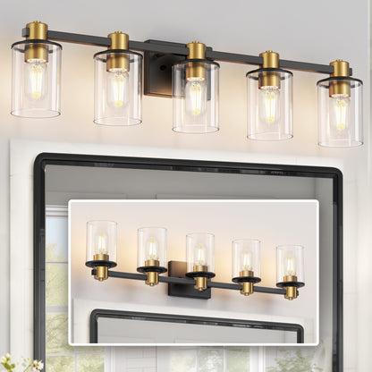 32 in. 5-Light Black Gold Bathroom Vanity Light Fixture, Clear Glass Shade Wall Sconce for Bathroom, Mirror, or Hallway