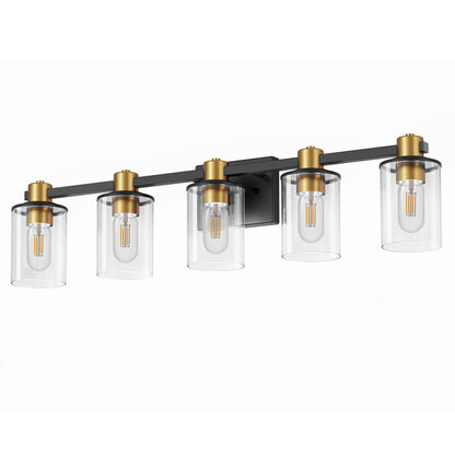 32 in. 5-Light Black Gold Bathroom Vanity Light Fixture, Clear Glass Shade Wall Sconce for Bathroom, Mirror, or Hallway