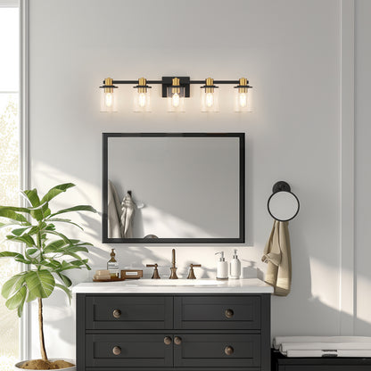 32 in. 5-Light Black Gold Bathroom Vanity Light Fixture, Clear Glass Shade Wall Sconce for Bathroom, Mirror, or Hallway