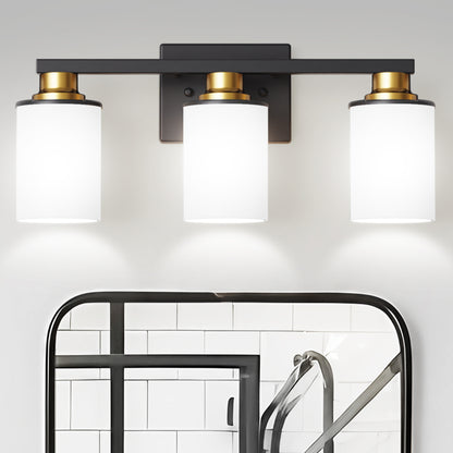 YANSUN 19.69 in. 3-Light Black and Gold Bathroom Vanity Light with Frosted Straight Glass Shade for Bathroom Dressing Room