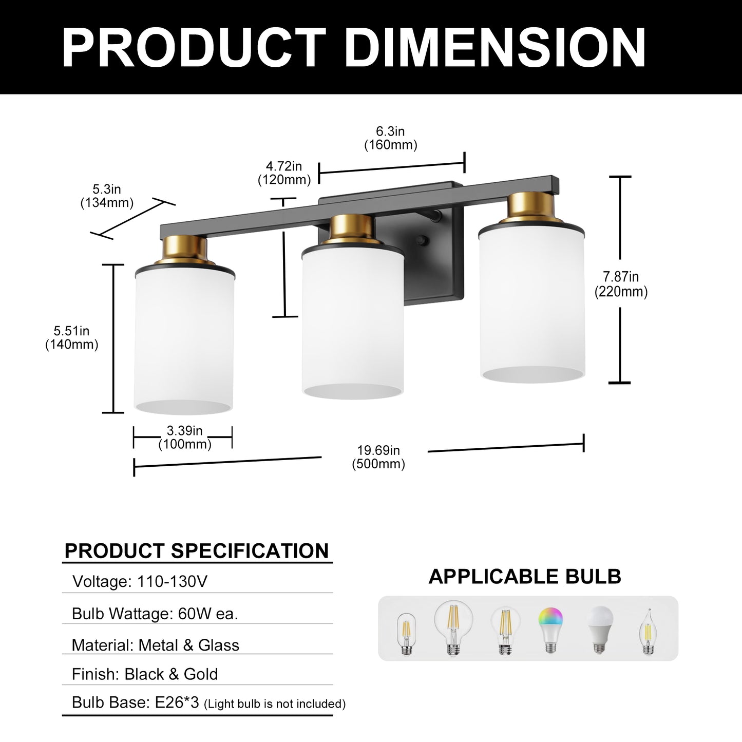 YANSUN 19.69 in. 3-Light Black and Gold Bathroom Vanity Light with Frosted Straight Glass Shade for Bathroom Dressing Room