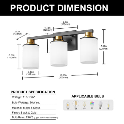 YANSUN 19.69 in. 3-Light Black and Gold Bathroom Vanity Light with Frosted Straight Glass Shade for Bathroom Dressing Room