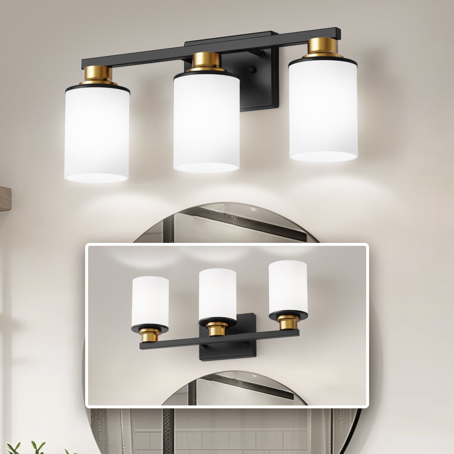YANSUN 19.69 in. 3-Light Black and Gold Bathroom Vanity Light with Frosted Straight Glass Shade for Bathroom Dressing Room
