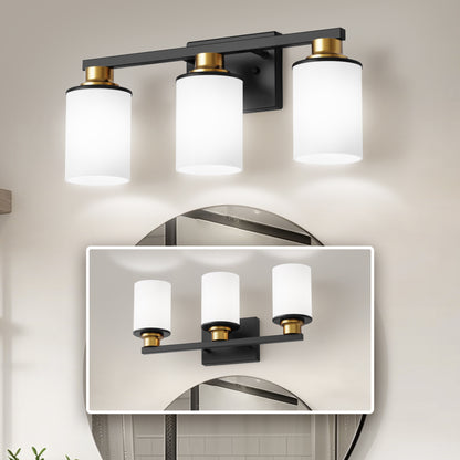 YANSUN 19.69 in. 3-Light Black and Gold Bathroom Vanity Light with Frosted Straight Glass Shade for Bathroom Dressing Room