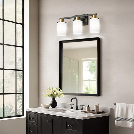 YANSUN 19.69 in. 3-Light Black and Gold Bathroom Vanity Light with Frosted Straight Glass Shade for Bathroom Dressing Room