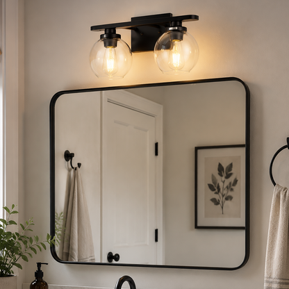 YANSUN 2-Light Bathroom Vanity Light Matte Black Wall Sconce with Open Globe Glass Shades E26 Modern Mirror Light Fixture