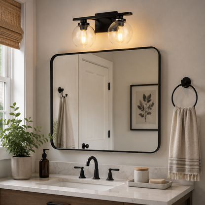YANSUN 2-Light Bathroom Vanity Light Matte Black Wall Sconce with Open Globe Glass Shades E26 Modern Mirror Light Fixture