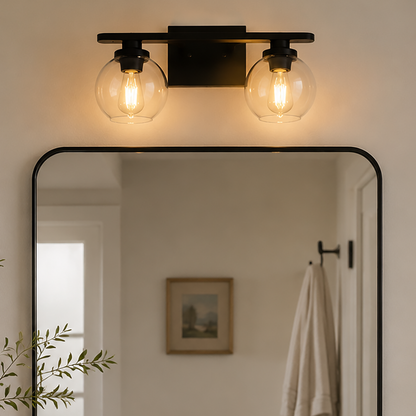 YANSUN 2-Light Bathroom Vanity Light Matte Black Wall Sconce with Open Globe Glass Shades E26 Modern Mirror Light Fixture